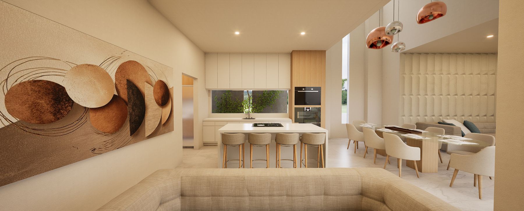 Cocina y comedor doble altura desde family room